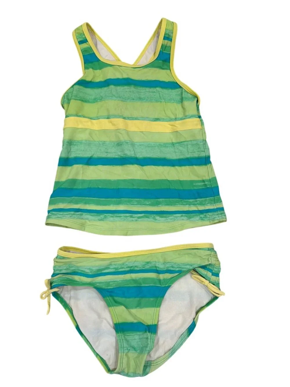 L.L. Bean Girls Striped Tankini Swimsuit Set Size 10 Yellow & Green UPF Protecti